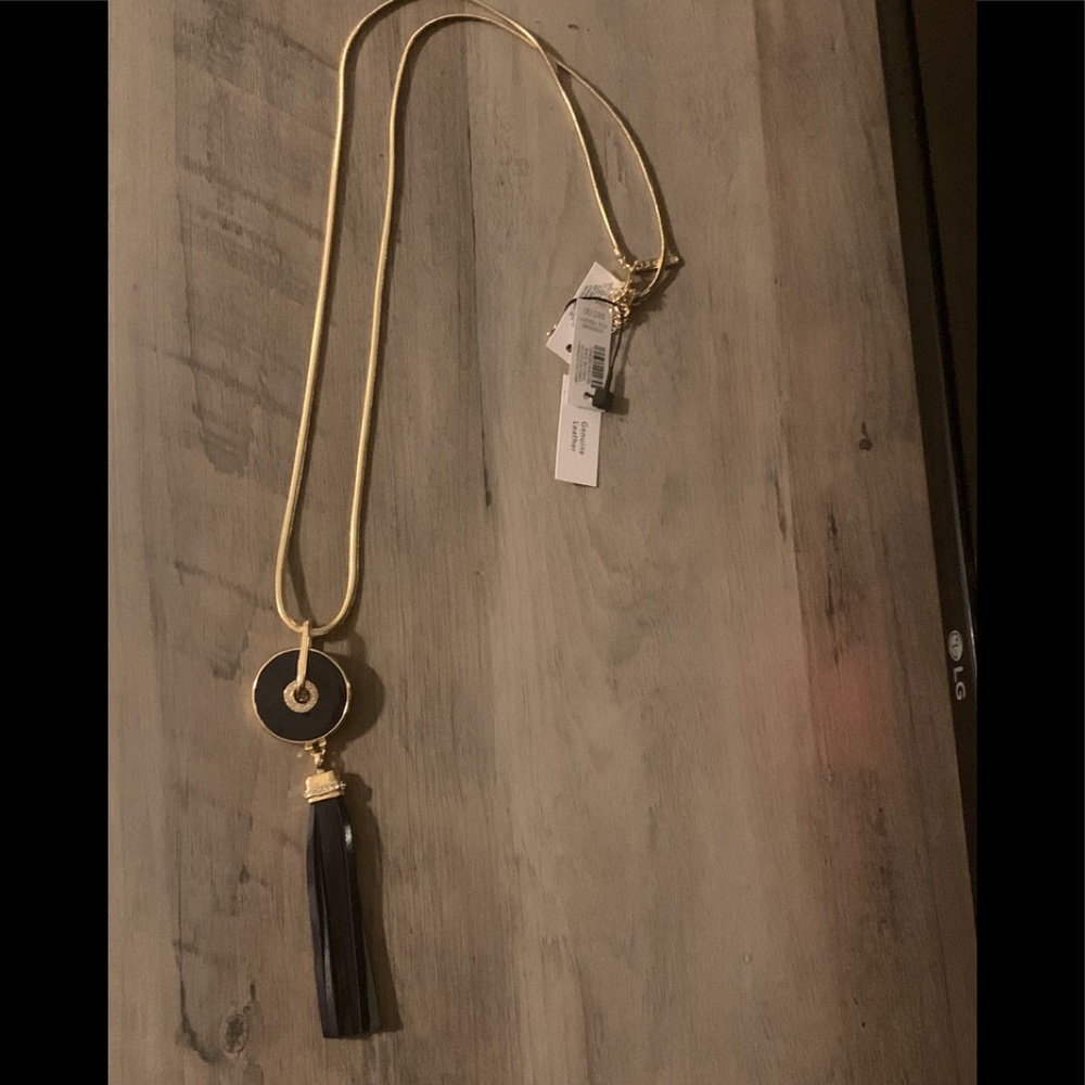 WHBM gold navy leather tassel necklace